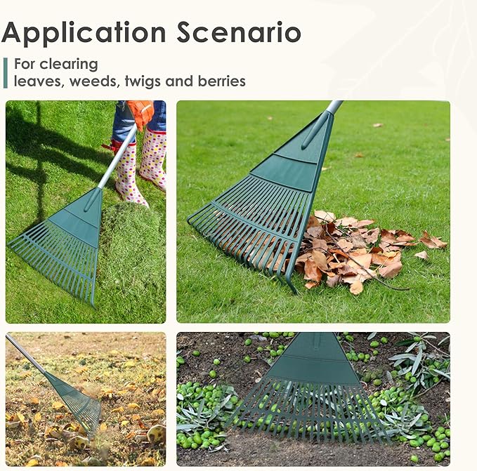 Garden Rake, 22" Leaf rakes with Foldable Lightweight Steel Handle, 22 Tines Plastic Yard, Folding Shrub Rake for Lawns, Grass, Flower Beds Leaves Cleaning