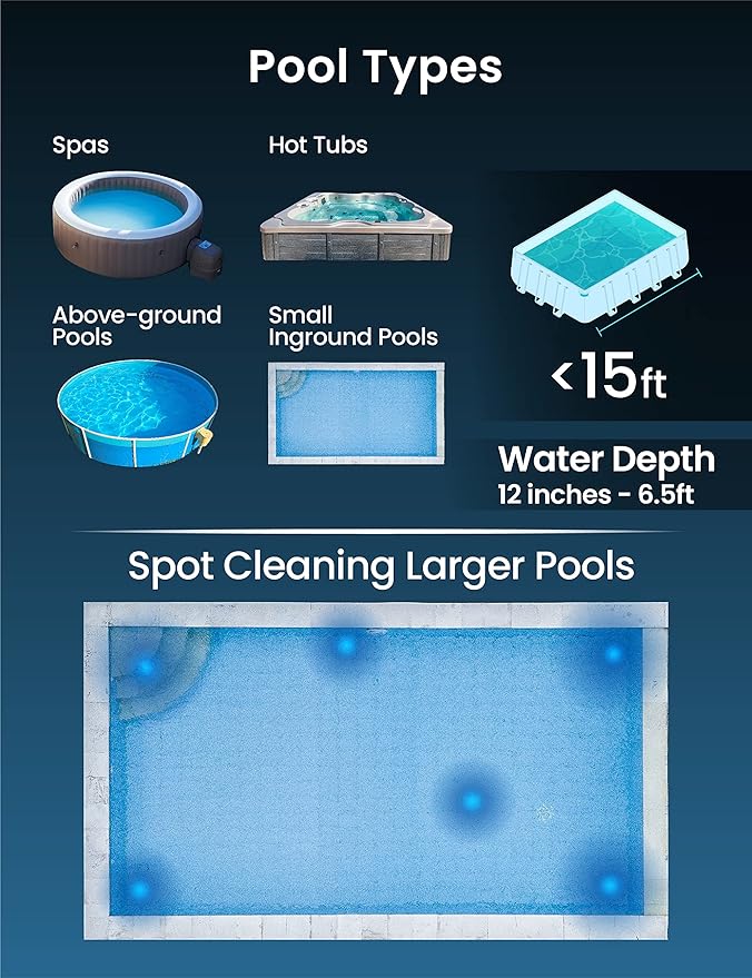 KOKIDO Rechargeable Handheld Pool Spa Hot Tub Vacuum Cordless, IPX8, Aluminum Pole and 2 Brush Heads, Ideal for Light-Duty Spot Cleaning Spa Above Ground Pool up to 20ft, 60min, Sand and Debris XV110