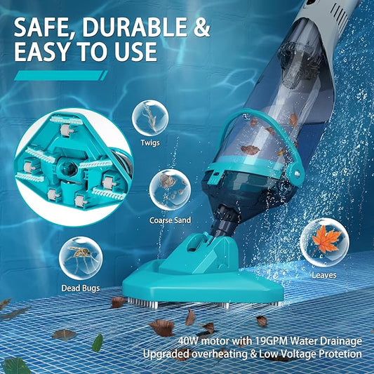 Handheld Spa Hot Tub Vacuum- Cordless Above Ground Pool Cleaner with 60" Extendable Pole, 60 Mins Running Time, 19 Gallons/Min Powerful Suction, Ideal for Cleaning Debris and Sand Underwater