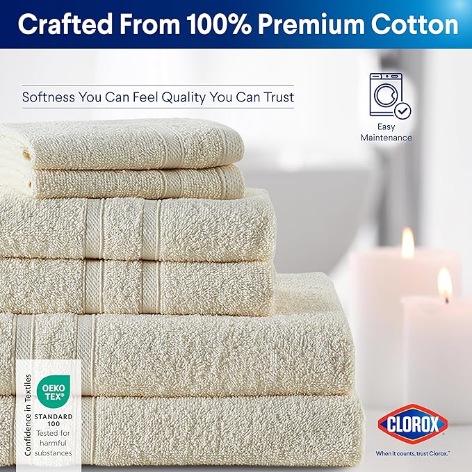 Clorox Bleach Friendly Towels, Quick Dry, 100% Cotton Bath Towels (30" x 52"), Highly Absorbent Soft Lightweight, Ideal for Everyday Use, Easy to Wash (2 Pack, Ivory)