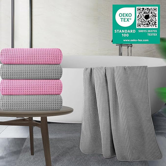 POLYTE 430 GSM Microfiber Oversize Quick Dry Lint Free Bath Towel, 60 x 30 in, 4 Pack (Waffle Weave)