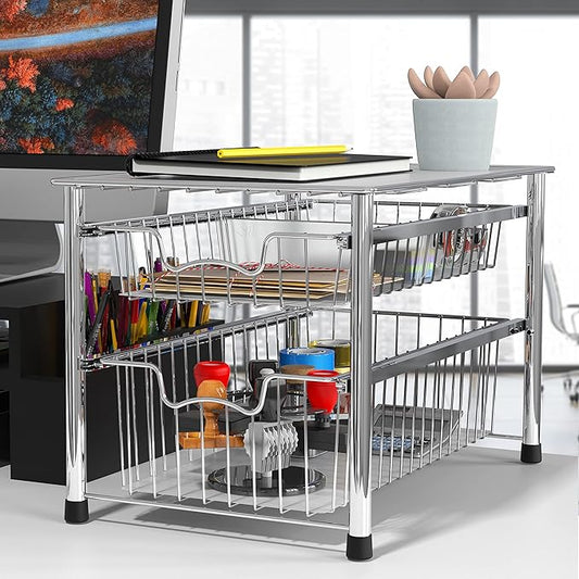 Simple Houseware Stackable 2 Tier Sliding Basket Organizer Drawer, Chrome