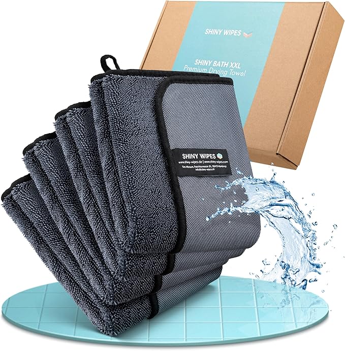 Shiny Wipes XL Drying Towel, The Original, Ultra Absorbent Twisted-Loop Design, Streak-Free Drying Towel, Shiny Wipes Shower Cleaning Cloths (4 Towel)