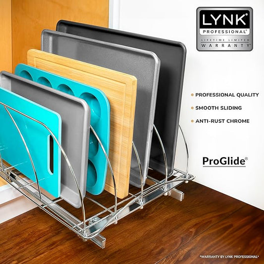LYNK PROFESSIONAL® Pull Out Cutting Board, Baking Pan, and Cookie Sheet Organizer for Cabinet - Lifetime Ltd. Warranty - Slide Out Kitchen Cabinet Organizers – 14” x 21” Deep – Pull Out Drawer, Chrome