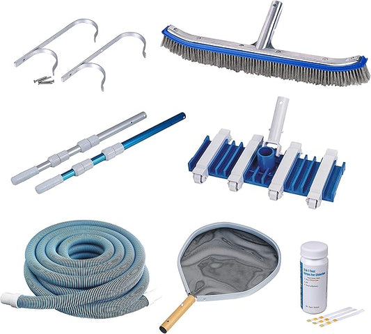 Blue Wave Deluxe Pool Maintenance Kit for In Ground Pool – Includes 15-ft Telepole, 40-ft Vacuum Hose, Leaf Skimmer, Wall Brush, Vacuum Head, Aluminum Hangers and 50 Test Strips
