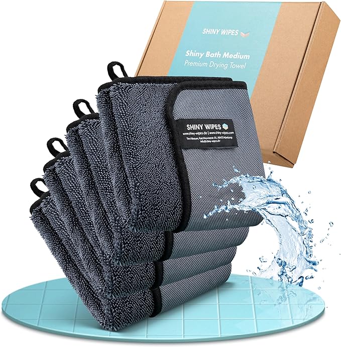 Shiny Wipes Medium Drying Towel, The Original, 12x16in/30x40cm, Ultra Absorbent Twisted-Loop Design, Streak-Free Towel Cloth for Shower, Household, Car, No Streaks or Limescale (4 Towels)