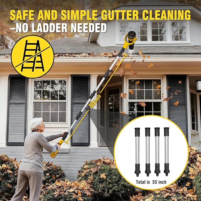 Roof Gutter Cleaning from The Ground, Leaf Blowers Cordless for Dewalt 20V Battery(Tool Only), 580CFM/180MPH, Brushless 3-Speed Motor for Gutter Cleaning Extension Attachment Kit for Garden,House