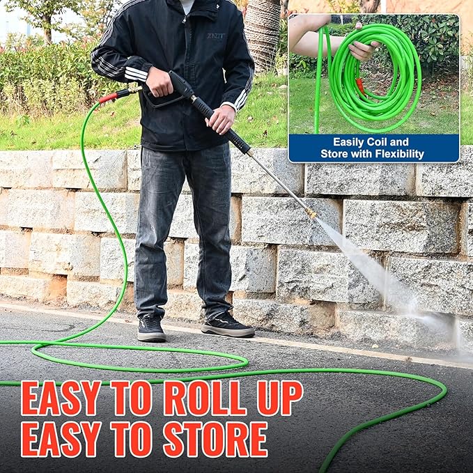 YAMATIC Super Flexible Pressure Washer Hose 50FT for Power Washer Replacement, Kink Resistant Extension With Leak-Free M22 Female & 3/8" Quick Connect Adapters, 1/4" 3200 PSI, Green