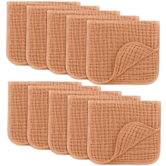 Comfy Cubs Muslin Burp Cloths 20" x 10", Pack of 10 - Large, 6-Layer, Ultra Absorbent 100% Cotton for Baby Drool and Messes - Soft, Safe & Gentle Baby Burp Cloths for Boys & Girls - Caramel