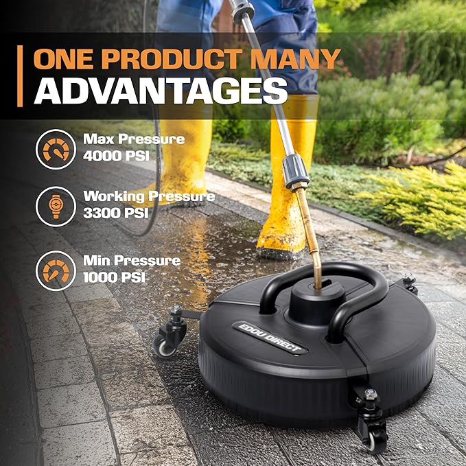 Edou Direct - Pressure Washer Surface Cleaner with Wheels and Handle - Heavy-Duty Plastic - 15'' - Compatible with Most Electric Pressure Washers - 1/4 Inch Quick-Connect - Black