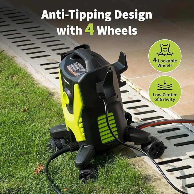 Yeryork Pressure Washer, Power Washer with 4 Lockable Wheels, Stainless Steel Lance, 4 Quick Connect Nozzles, 500ml Foam Cannon, Car Pressure Washer for Decks/Driveways/Patios (Fluorescent Green)