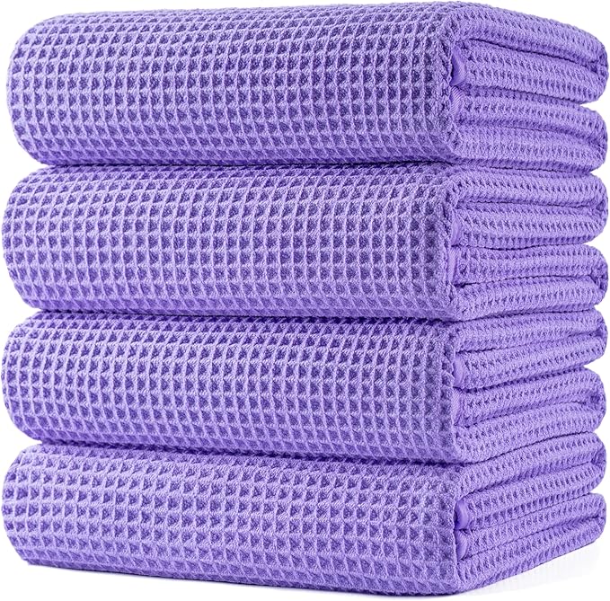 POLYTE 430 GSM Microfiber Oversize Quick Dry Lint Free Bath Towel, 60 x 30 in, 4 Pack (Waffle Weave)