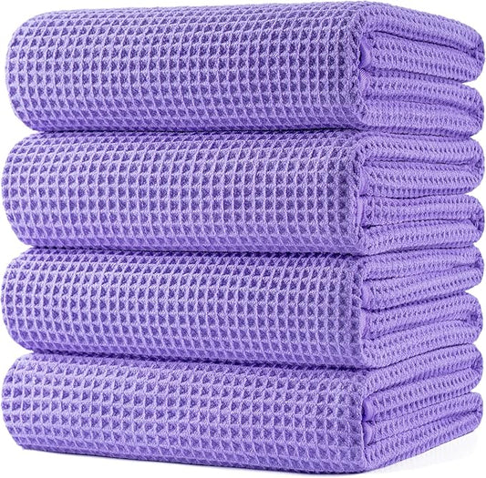 POLYTE 430 GSM Microfiber Oversize Quick Dry Lint Free Bath Towel, 60 x 30 in, 4 Pack (Waffle Weave)