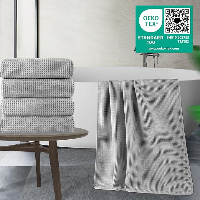 POLYTE 430 GSM Microfiber Oversize Quick Dry Lint Free Bath Towel, 60 x 30 in, 4 Pack (Waffle Weave)