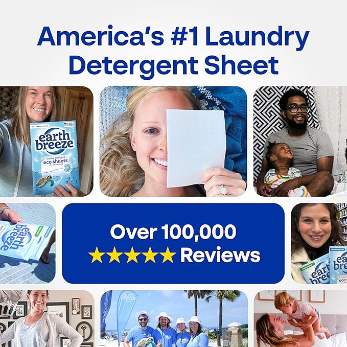 Earth Breeze Laundry Detergent Sheets Fragrance-Free - 180 Loads Eco Liquidless Soap - Travel-Friendly for Hot & Cold Cycles, Tackles Tough Stains & Odors - Gentle on Sensitive Skin, 90 Ct (3 Pack)