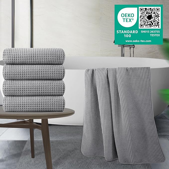 POLYTE 430 GSM Microfiber Oversize Quick Dry Lint Free Bath Towel, 60 x 30 in, 4 Pack (Waffle Weave)