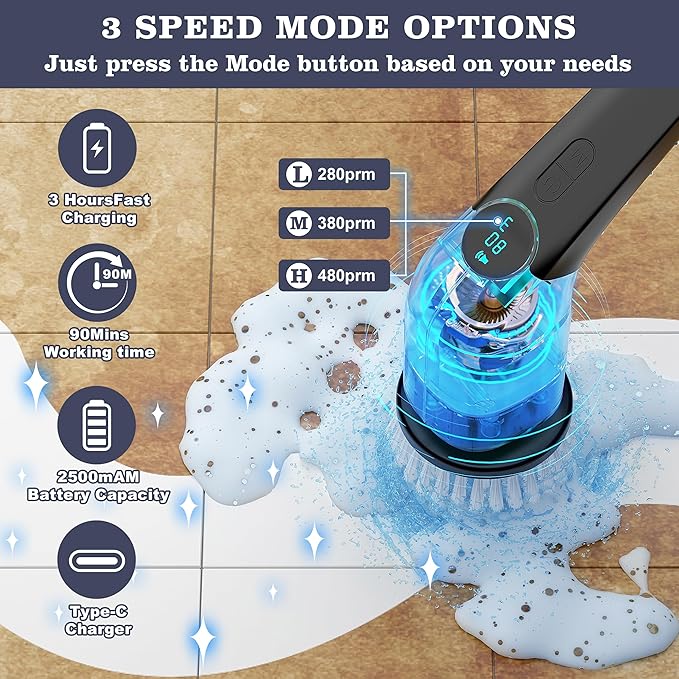YKYI Electric Spin Scrubber-Cordless Power Scrubber with 8 Brush Heads, 3 Speeds & Adjustable Long Handle, IPX7 Waterproof Shower Cleaning Brush for Bathroom Tile, Bathtub, Grout, Kitchen(Pink)