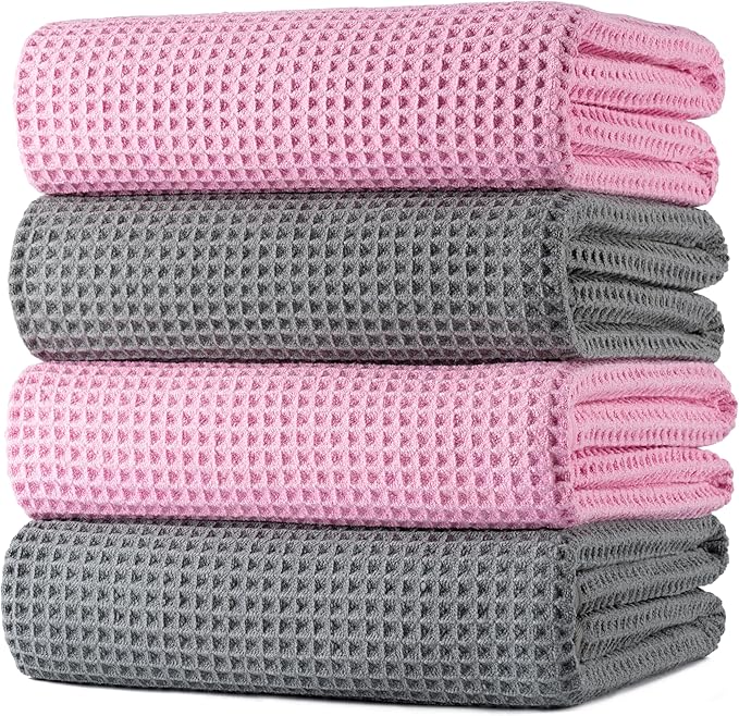 POLYTE 430 GSM Microfiber Oversize Quick Dry Lint Free Bath Towel, 60 x 30 in, 4 Pack (Waffle Weave)