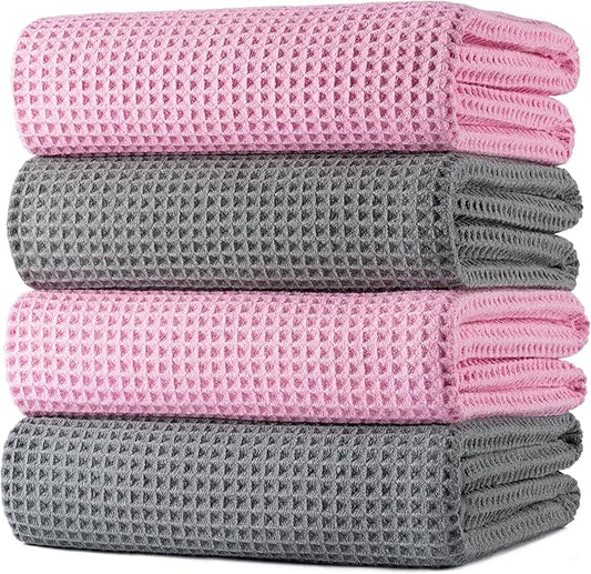 POLYTE 430 GSM Microfiber Oversize Quick Dry Lint Free Bath Towel, 60 x 30 in, 4 Pack (Waffle Weave)