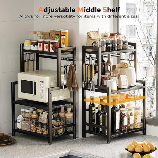 Kitchen Countertop Organizer, 3 Tier Large Spice Rack Organizer with Adjustable Shelf and 5 Hooks, Wooden Counter Organizer, Space Saving Countertop Shelf Microwave Stand for Kitchen,Coffee Bar,Black