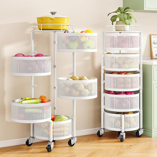 SNTD Fruit and Vegetable Basket Bowls for Kitchen with Metal Top Lid, 5 Tier Rotating Storage Rack Cart for Potato Onion Banana, Wire Basket Organizer on Wheels, Large (White)