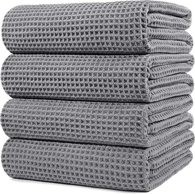 POLYTE 430 GSM Microfiber Oversize Quick Dry Lint Free Bath Towel, 60 x 30 in, 4 Pack (Waffle Weave)