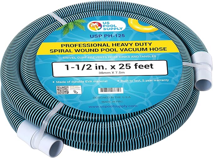 U.S. Pool Supply Pool Vacuum Hose - 1-1/2" x 25' Professional Heavy Duty Pool Hose for Inground, Spiral Wound with Kink-Free Swivel Cuff - Connect to Vacuum Heads, Skimmer, Cleaner, Filter Pump Inlet