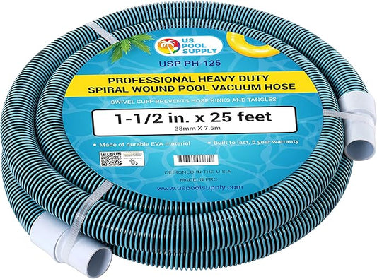 U.S. Pool Supply Pool Vacuum Hose - 1-1/2" x 25' Professional Heavy Duty Pool Hose for Inground, Spiral Wound with Kink-Free Swivel Cuff - Connect to Vacuum Heads, Skimmer, Cleaner, Filter Pump Inlet