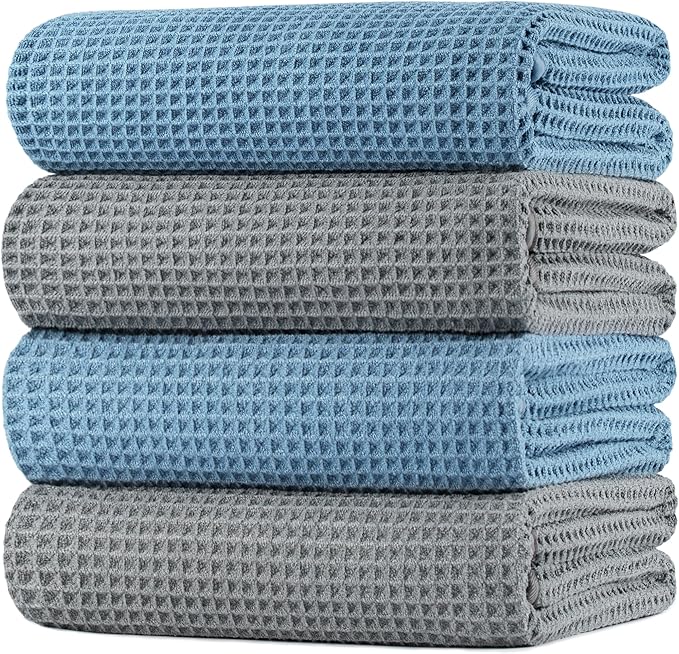 POLYTE 430 GSM Polyester Polyamide Microfiber Oversize Quick Dry Lint Free Bath Towel, 60 x 30 in, 4 Pack (Waffle Weave)