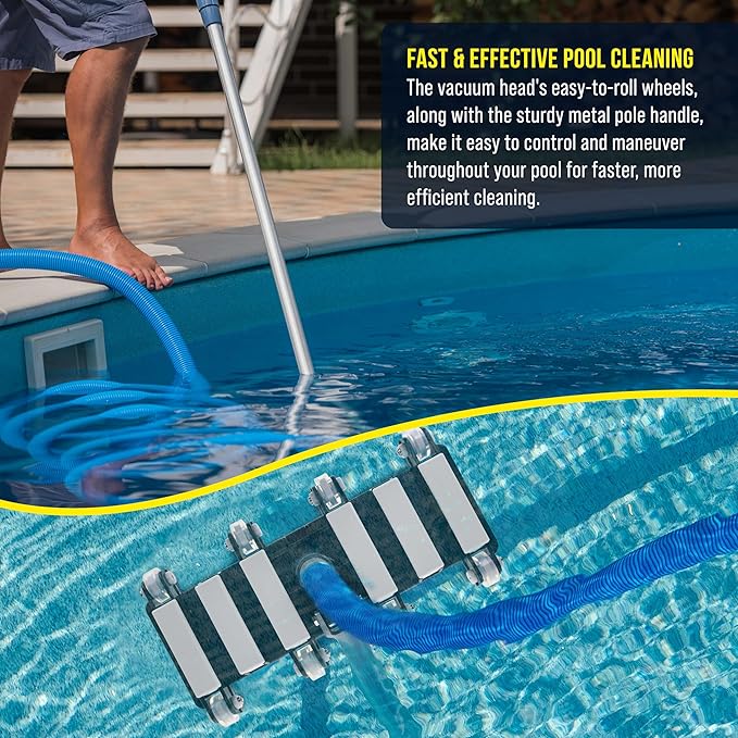 U.S. Pool Supply Manual Pool Vacuum Head for Inground Pools, Flexible, Extra-Wide, Weighted - 6 Weights, Connect 1.5" Hose, Metal Pole Handle - Swimming Cleaning Accessory Attachment, Vac Clean