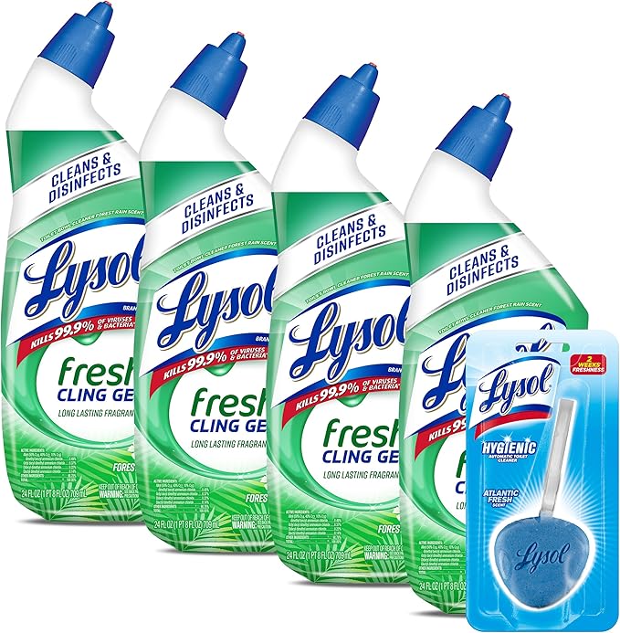 Lysol Toilet Bowl Cleaner Gel, For Cleaning and Disinfecting, Stain Removal, Forest Rain Scent, 24 Oz (Pack of 4) - With 1ct Auto In-The-Bowl Toilet Cleaner, Ocean Fresh