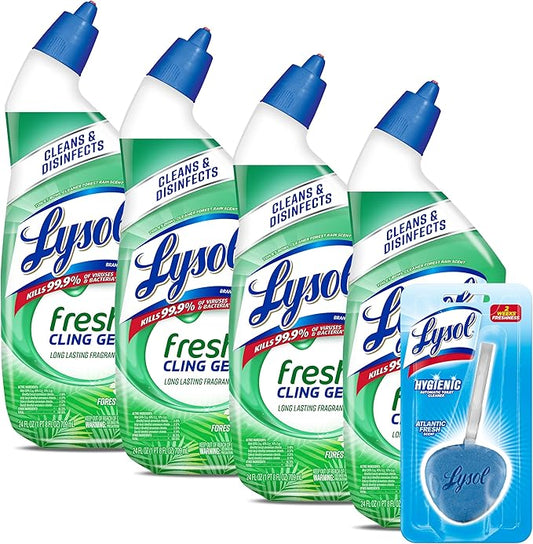Lysol Toilet Bowl Cleaner Gel, For Cleaning and Disinfecting, Stain Removal, Forest Rain Scent, 24 Oz (Pack of 4) - With 1ct Auto In-The-Bowl Toilet Cleaner, Ocean Fresh