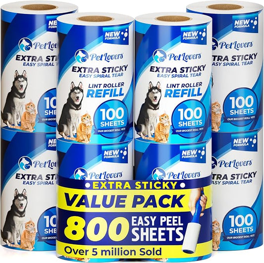 PetLovers Extra Sticky Lint Roller Mega Value Set for Pet Hair Removal, Dog and Cat Lint Remover (8 Pack Refills) by PetLovers