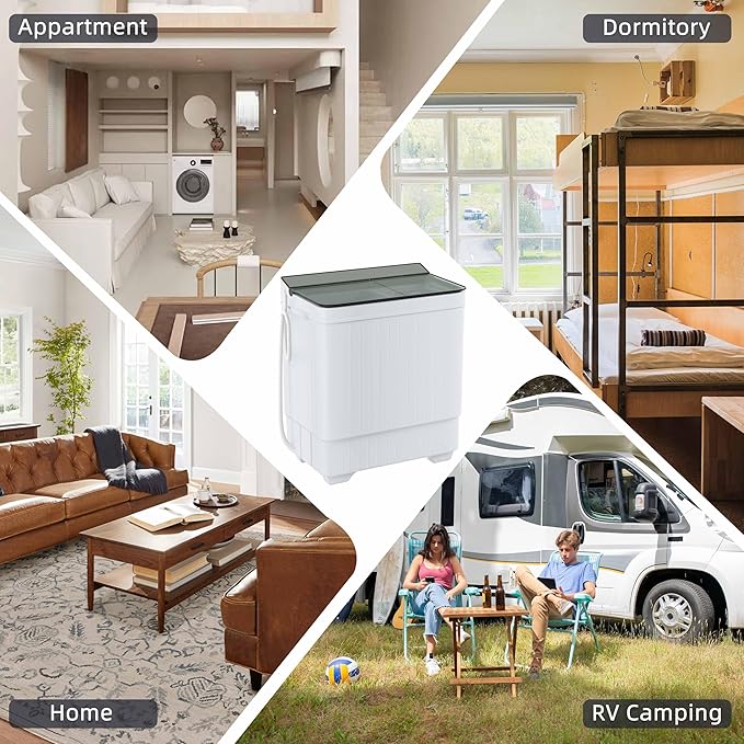 Elevon Portable Washing Machine Twin Tub 18.7 Lbs Capacity, (14.3 Lbs) and Spinner(4.4 Lbs) Combo Mini Compact Laundry Washer for Home, Apartment, Camping, RVs and Dorms, Black/White