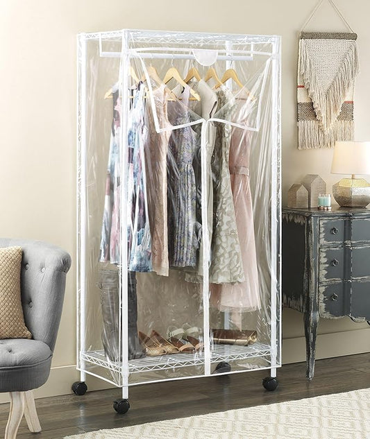 Whitmor Heavy Duty Metal Clothing Rack with Lockable Wheels & 3 Way Zippered Clear Cover, Dustproof Waterproof Garment Rack for Bedroom, Closet, Store, 19"L x 36.75"W x 70.25"H, White