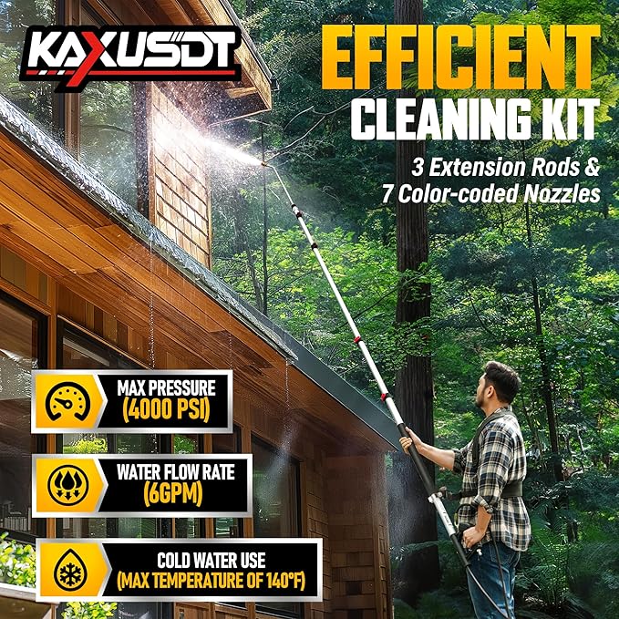 24FT Pressure Washer Telescoping Extension Wand, High Power Accessories with Brush Head & 3 Wand, 7 Spray Nozzle Tips, Max 4000PSI Gutter Cleaning Tools for Wall Window Soffit Cleaner