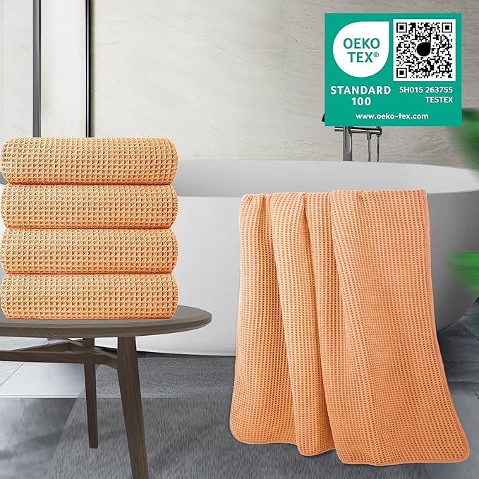 POLYTE 430 GSM Microfiber Oversize Quick Dry Lint Free Bath Towel, 60 x 30 in, 4 Pack (Waffle Weave)