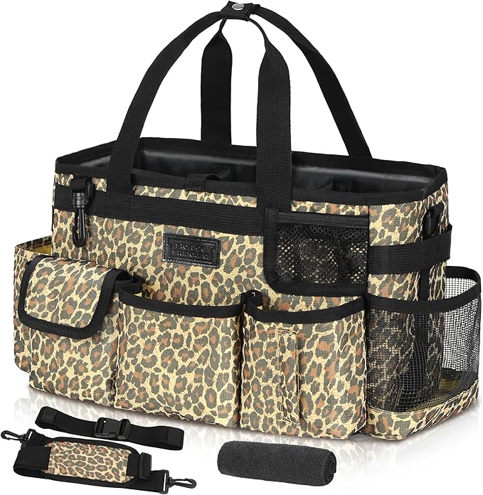 Storage Standard Cleaning Caddy Organizer with Handle - Small Cleaning Caddy Supplies Bag with Shoulder & Waist Strap - Cleaning Supplies Organizer with Cleaning Cloth - Leopard