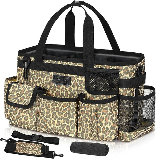 Storage Standard Cleaning Caddy Organizer with Handle - Small Cleaning Caddy Supplies Bag with Shoulder & Waist Strap - Cleaning Supplies Organizer with Cleaning Cloth - Leopard