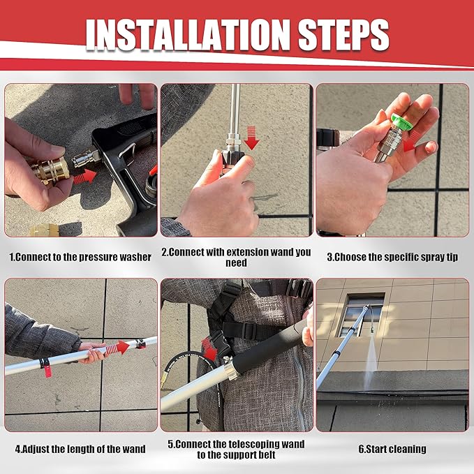 PWACCS 24 FT Pressure Washer Telescoping Wand, Telescopic Spray Power Washer Extension Wands, Gutter Cleaner Attachment with Support Belt & 7 Nozzle Tips, Brush Head, 4000 PSI