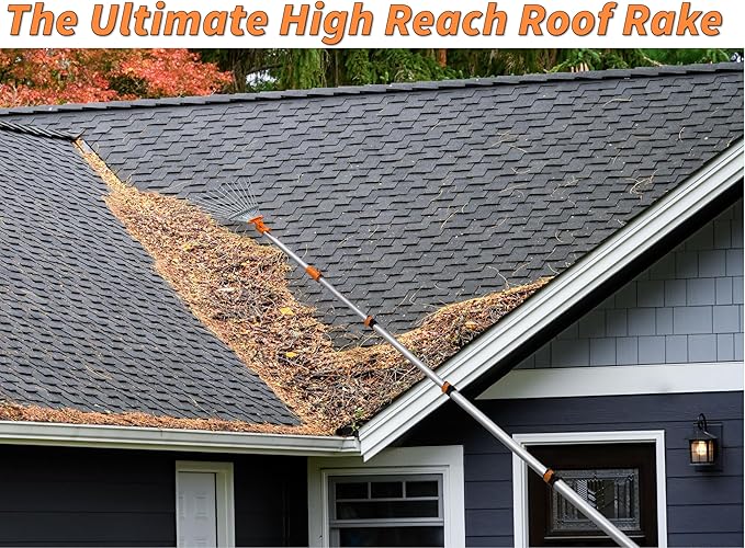 4-12 Telescoping Roof Rake 20 ft Reach // Collapsible Roof Rake for Leaves and Pine with Extension Pole // Roof Cleaning Tool for Gardening and Lawns // High Reach Adjustable Metal Leaf Raker