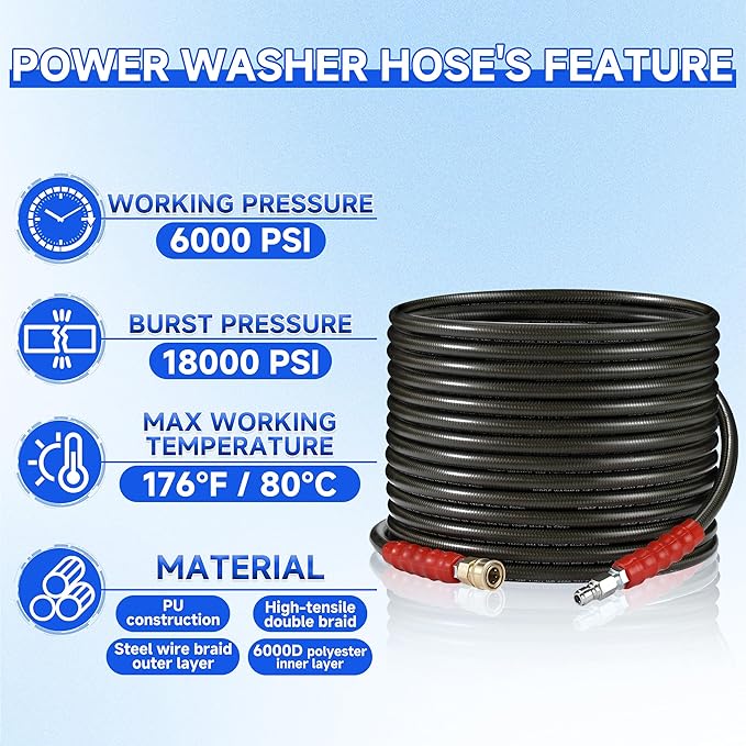 RIDGE WASHER Pressure Washer Hose 50 Feet X 3/8 Inch for Hot and Cold Water, 2-Wire Steel Braid Hose (R2), 3/8 Inch Quick Connect, 6000 PSI