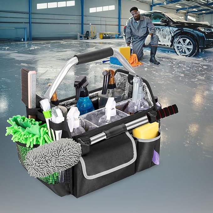 Wearable Detailing Caddy, Quick Load Collapsible Car Care Bag with Handle & Shoulder Strap, Detail Carry Organizer with Multi Pockets for Auto Cleaning Supplies & Vehicle Wash Tools, Bag Only