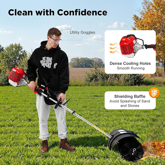 52CC 2-Stroke Gas Power Handheld Sweeper Broom, 1700W Driveway Turf Artificial Grass Snow Cleaner with 33.8-oz Fuel Tank, 20in Walk Behind Sweeper Lawn Cleaner Tools for Boulevards, Lawns, Sidewalks