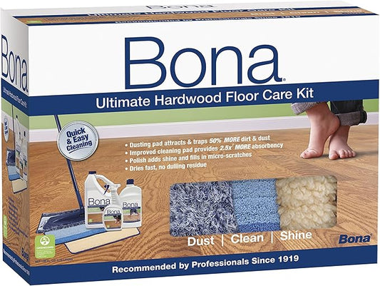 Bona Ultimate Hardwood Floor Care Kit - Includes Microfiber Mop, Microfiber Cleaning Pads, Microfiber Dusting Pad, Hardwood Floor Cleaning Solution and Refill, and Hardwood Floor Polish - Cleaning Kit