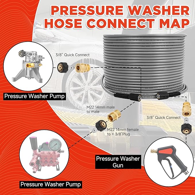 RIDGE WASHER Pressure Washer Hose 100FT, 1/4 Inch Power Washer Hose with M22 14 Fitting, Kink Resistant Hoses Replacement’s Applied for Most Pressure Washer Accessories, 3600 PSI