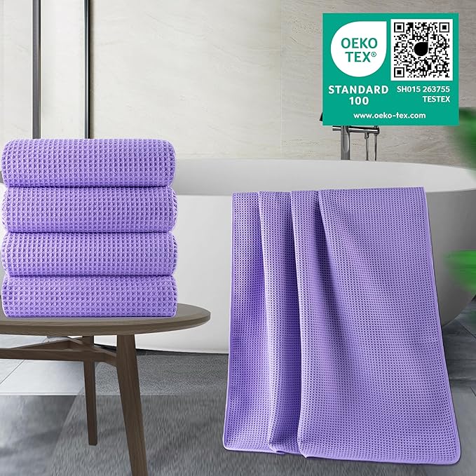 POLYTE 430 GSM Microfiber Oversize Quick Dry Lint Free Bath Towel, 60 x 30 in, 4 Pack (Waffle Weave)