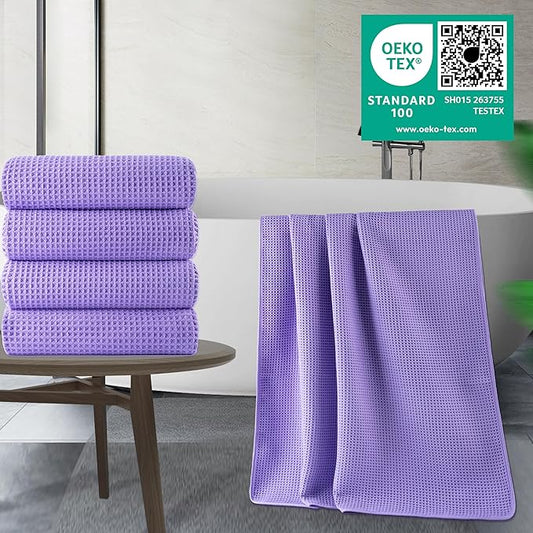 POLYTE 430 GSM Microfiber Oversize Quick Dry Lint Free Bath Towel, 60 x 30 in, 4 Pack (Waffle Weave)