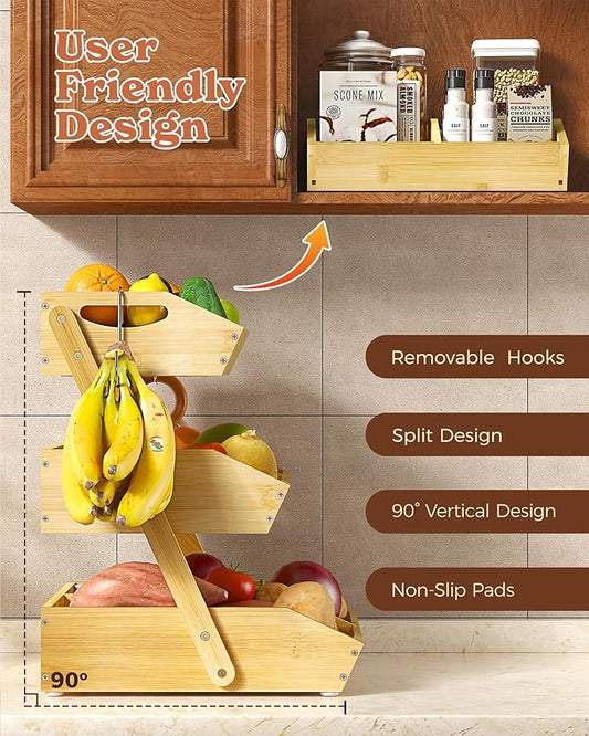 3 Tier Large Bamboo Fruit Basket for Kitchen Counter with 2 Banana Holders, Kitchen Countertop Organizer with Protective Mats, Tiered Fruit Bowl for Bread Snack Veggies with Dividers