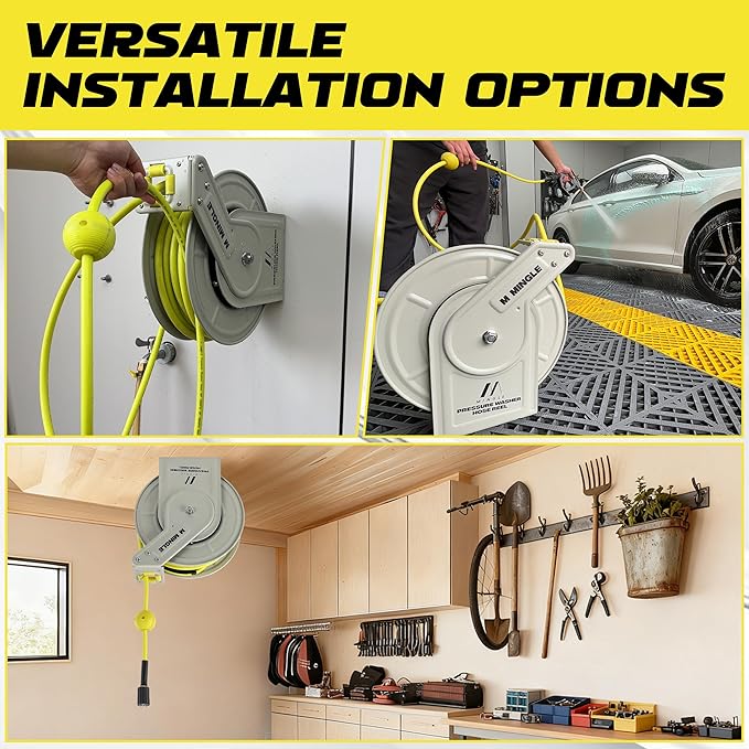 M MINGLE Retractable Pressure Washer Hose Reel, 1/4" × 60ft Power Washer Hose Reel, Auto Rewind Hose Reel, Wall/Floor Mounted, 3600 PSI